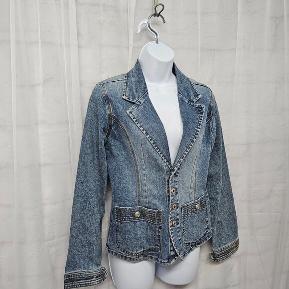 OTB Blue Denim Blazer Jacket Y2K Boho Western Prairie Coastal L - Picture 3 of 11